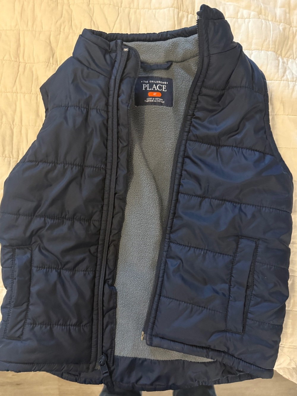 The Children's Place Navy Quilted Vest with Gray Fleece Lining